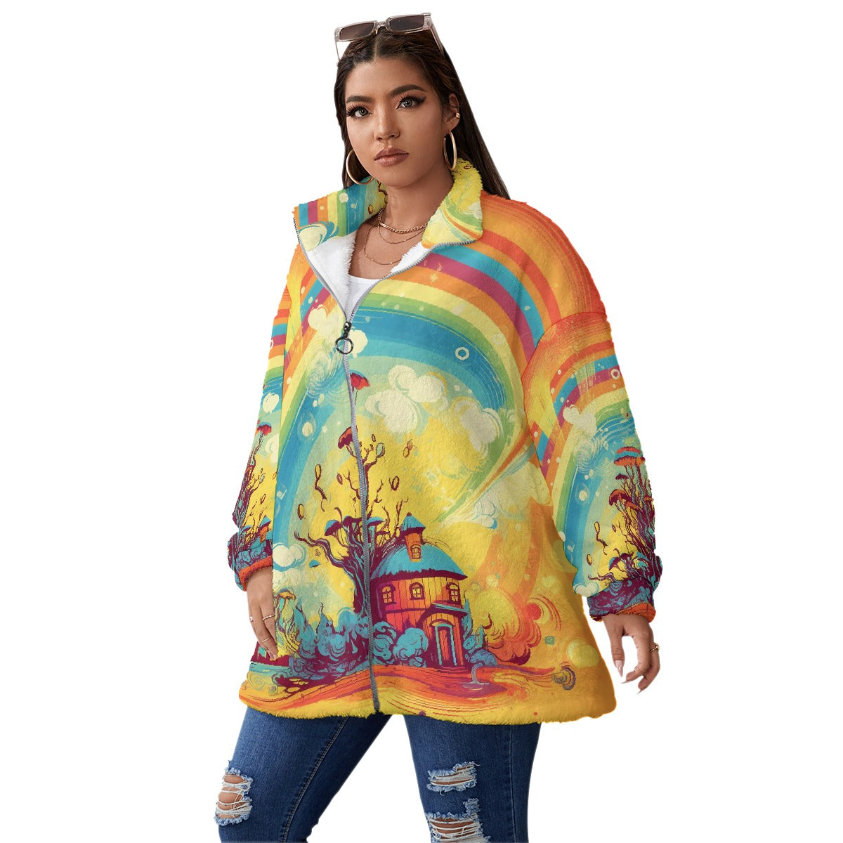 All-Over Print Unisex Borg Fleece Stand-up Collar Coat With Zipper Closure(Plus Size)