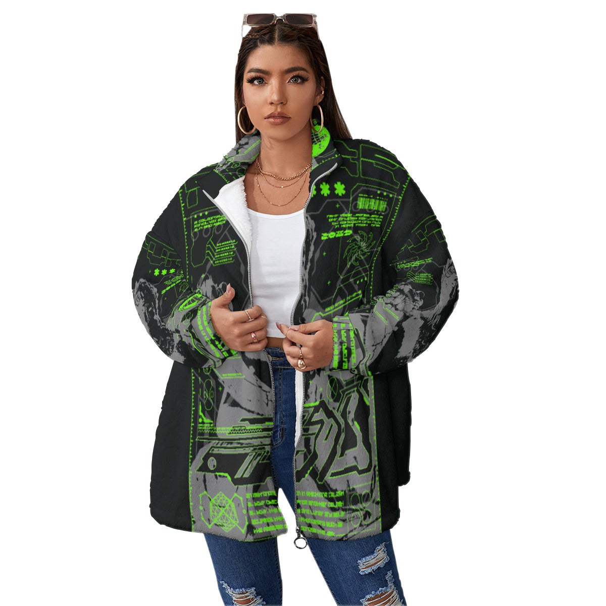 All-Over Print Unisex Borg Fleece Stand-up Collar Coat With Zipper Closure(Plus Size)
