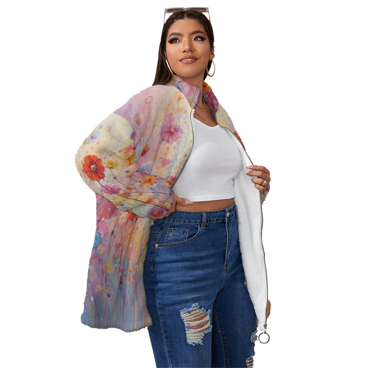 All-Over Print Unisex Borg Fleece Stand-up Collar Coat With Zipper Closure(Plus Size)