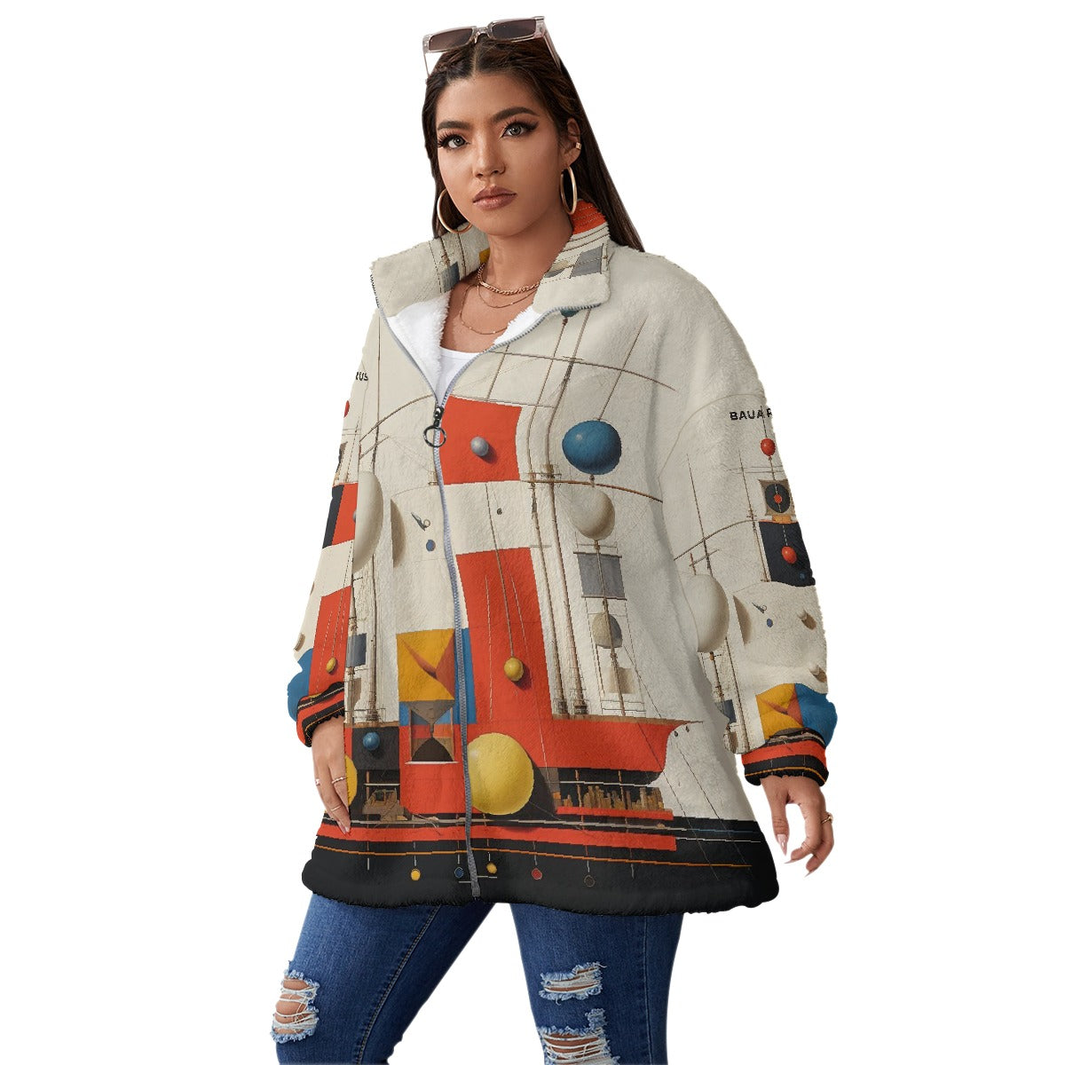 All-Over Print Unisex Borg Fleece Stand-up Collar Coat With Zipper Closure(Plus Size)