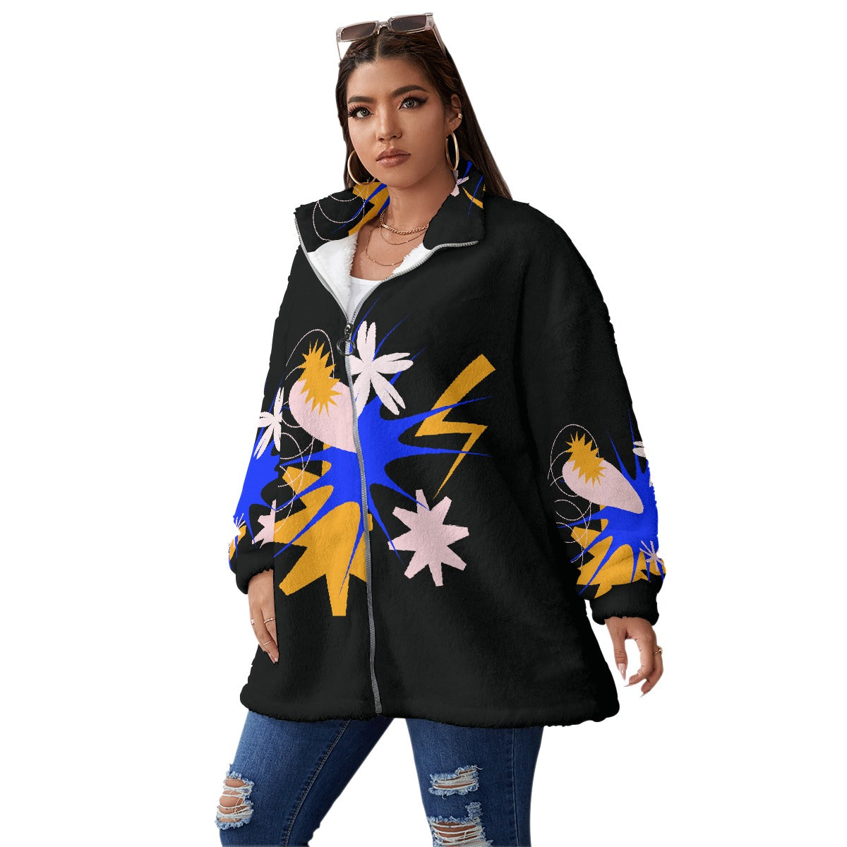 All-Over Print Unisex Borg Fleece Stand-up Collar Coat With Zipper Closure(Plus Size)