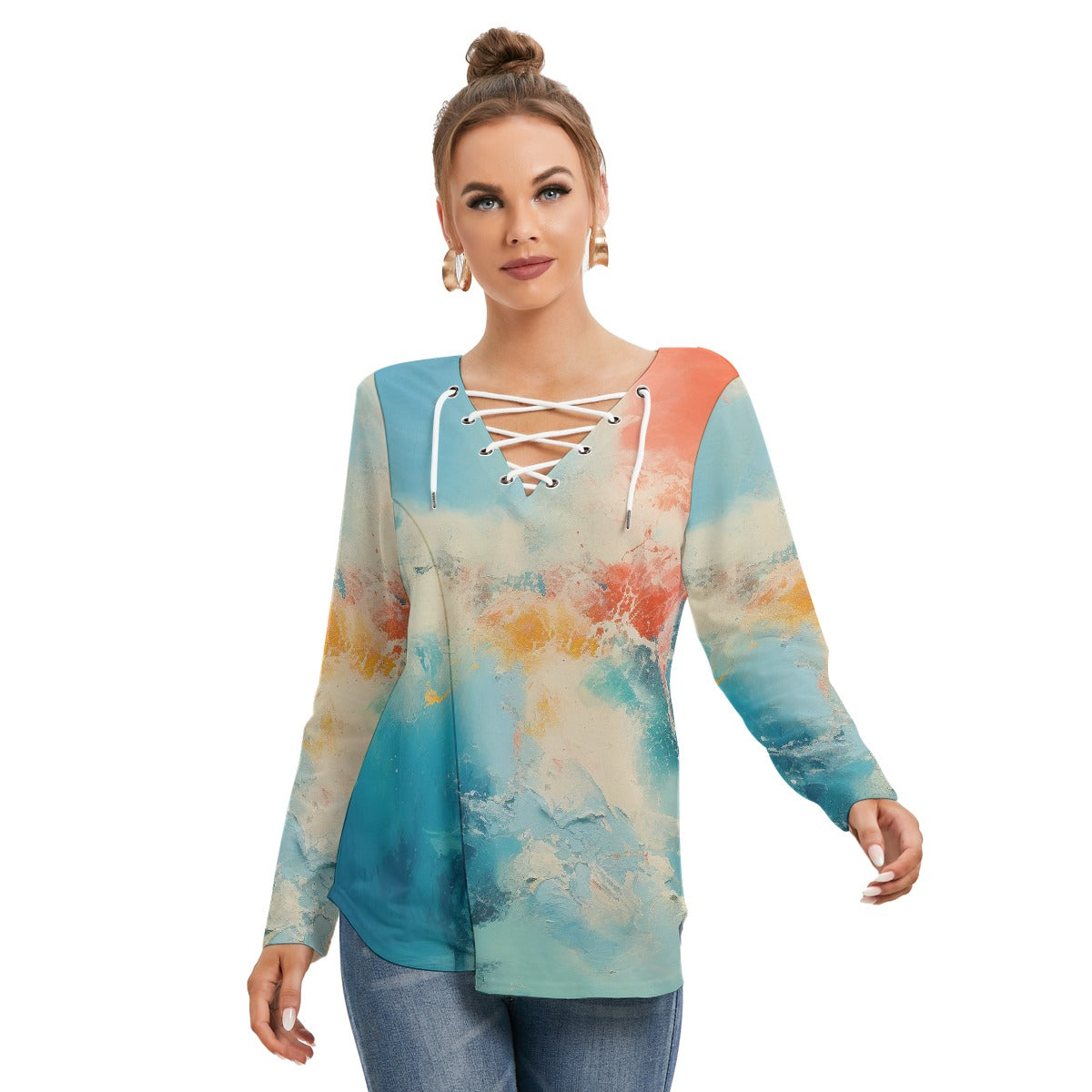 All-Over Print Women's Long Sleeve Neckline Tie Sweatshirt