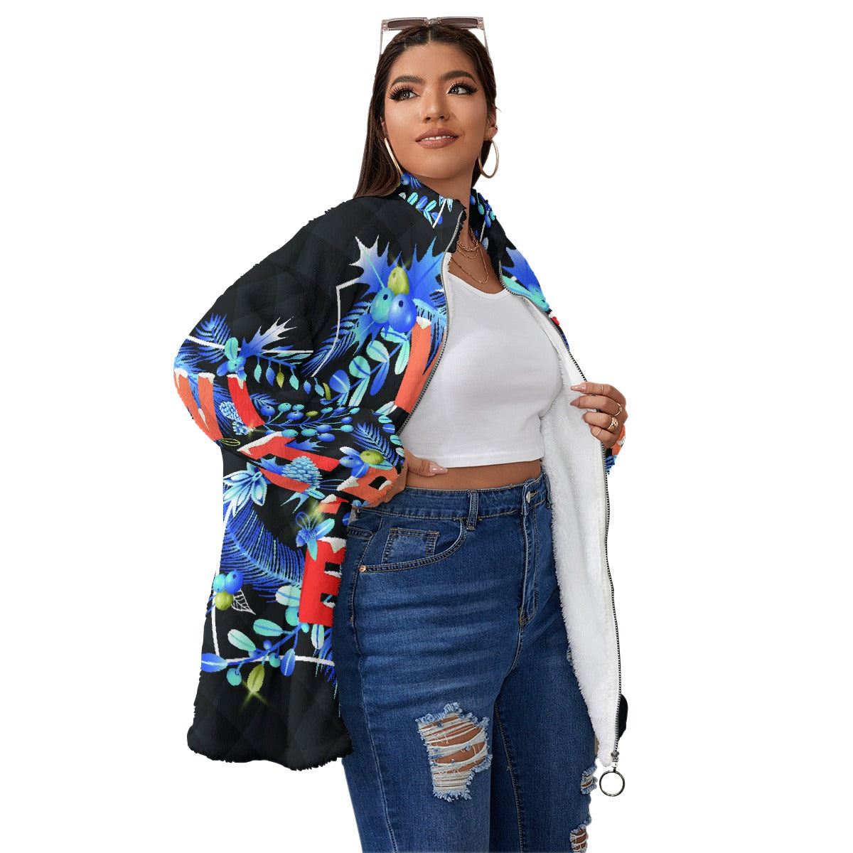 All-Over Print Unisex Borg Fleece Stand-up Collar Coat With Zipper Closure(Plus Size)