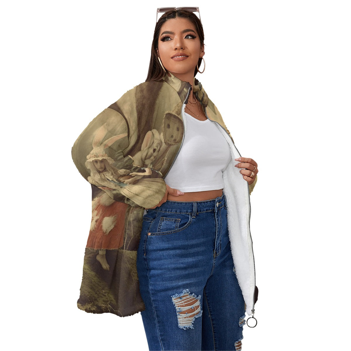 All-Over Print Unisex Borg Fleece Stand-up Collar Coat With Zipper Closure(Plus Size)