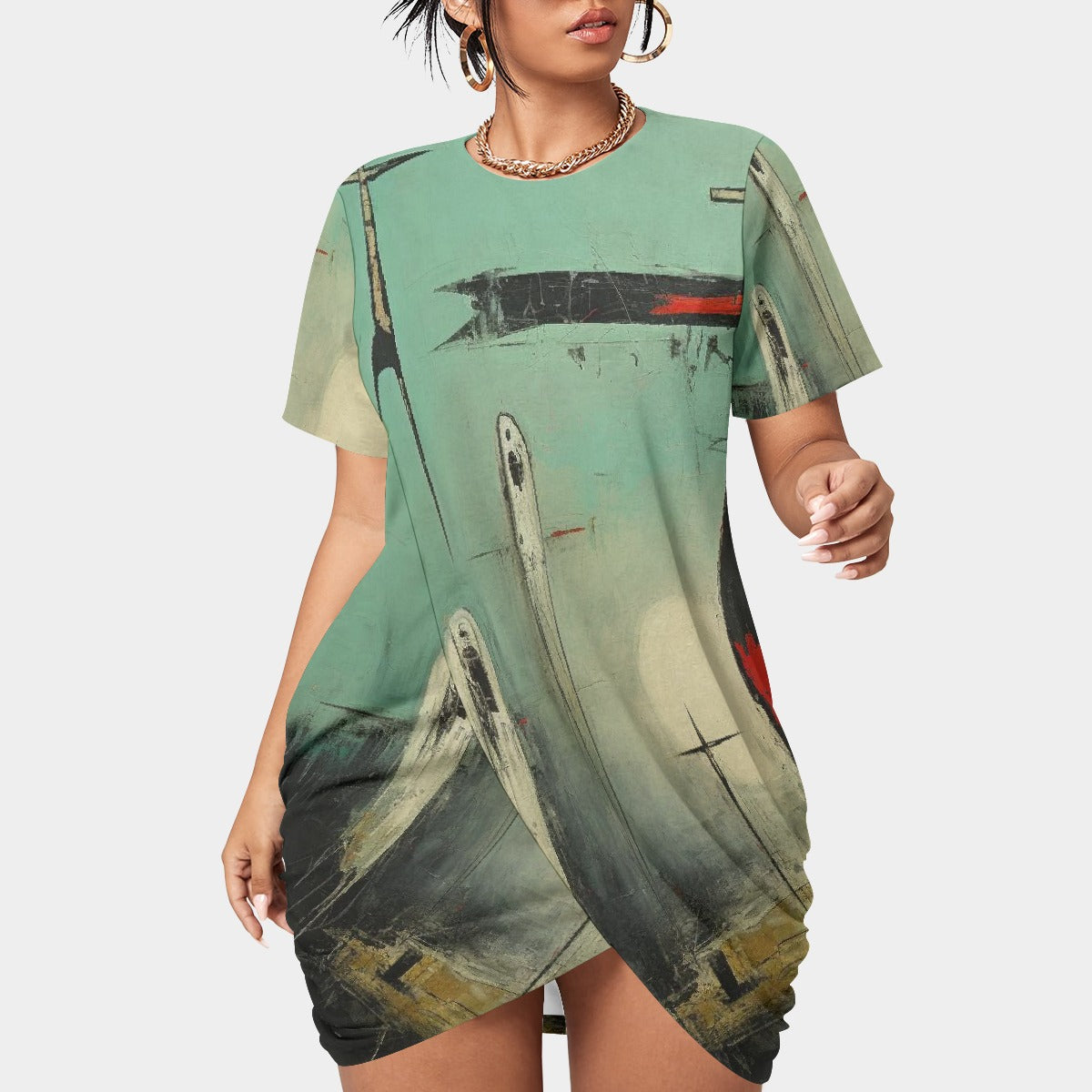 All-Over Print Women’s Stacked Hem Dress With Short Sleeve（Plus Size）