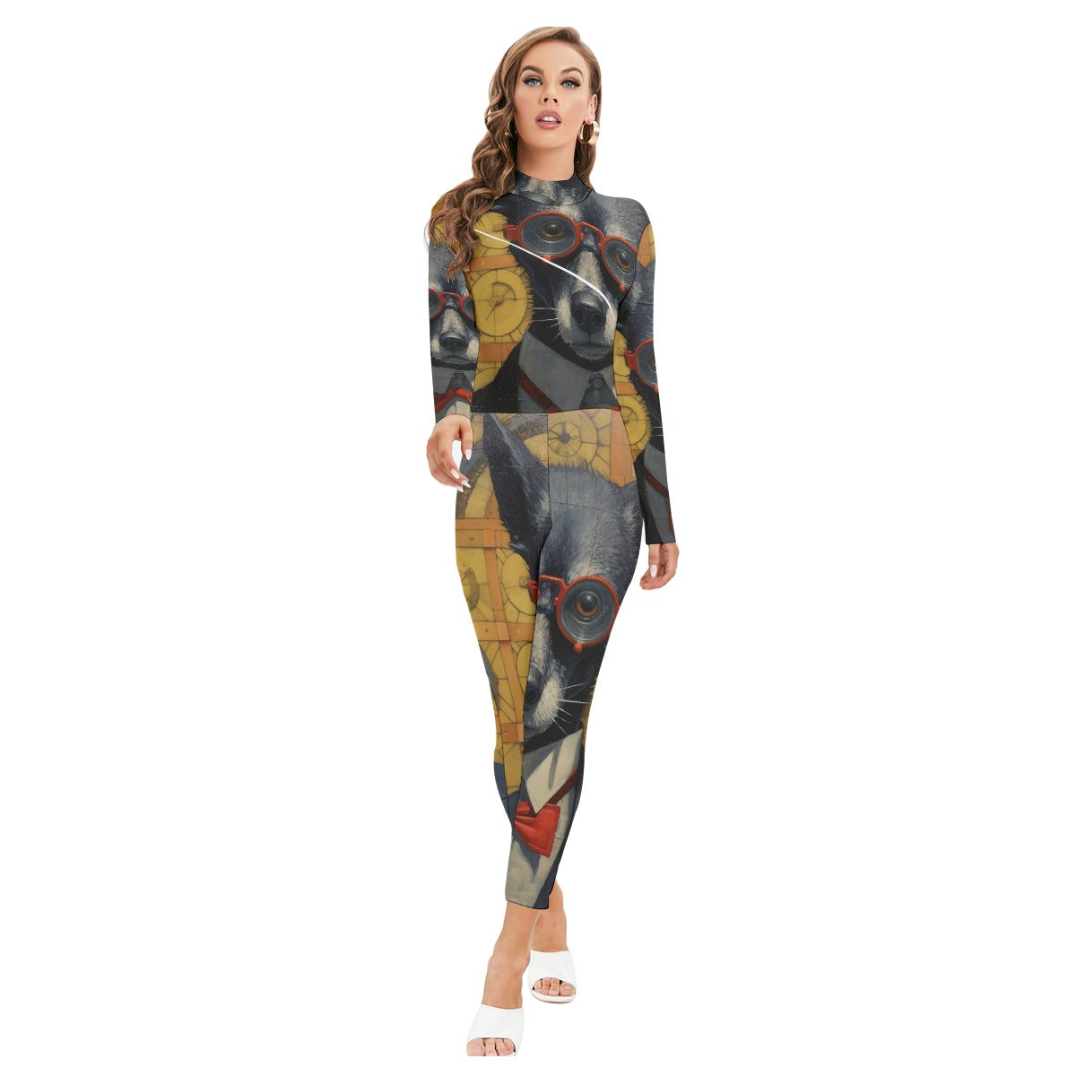 All-Over Print Women's Long-sleeved High-neck Jumpsuit With Zipper