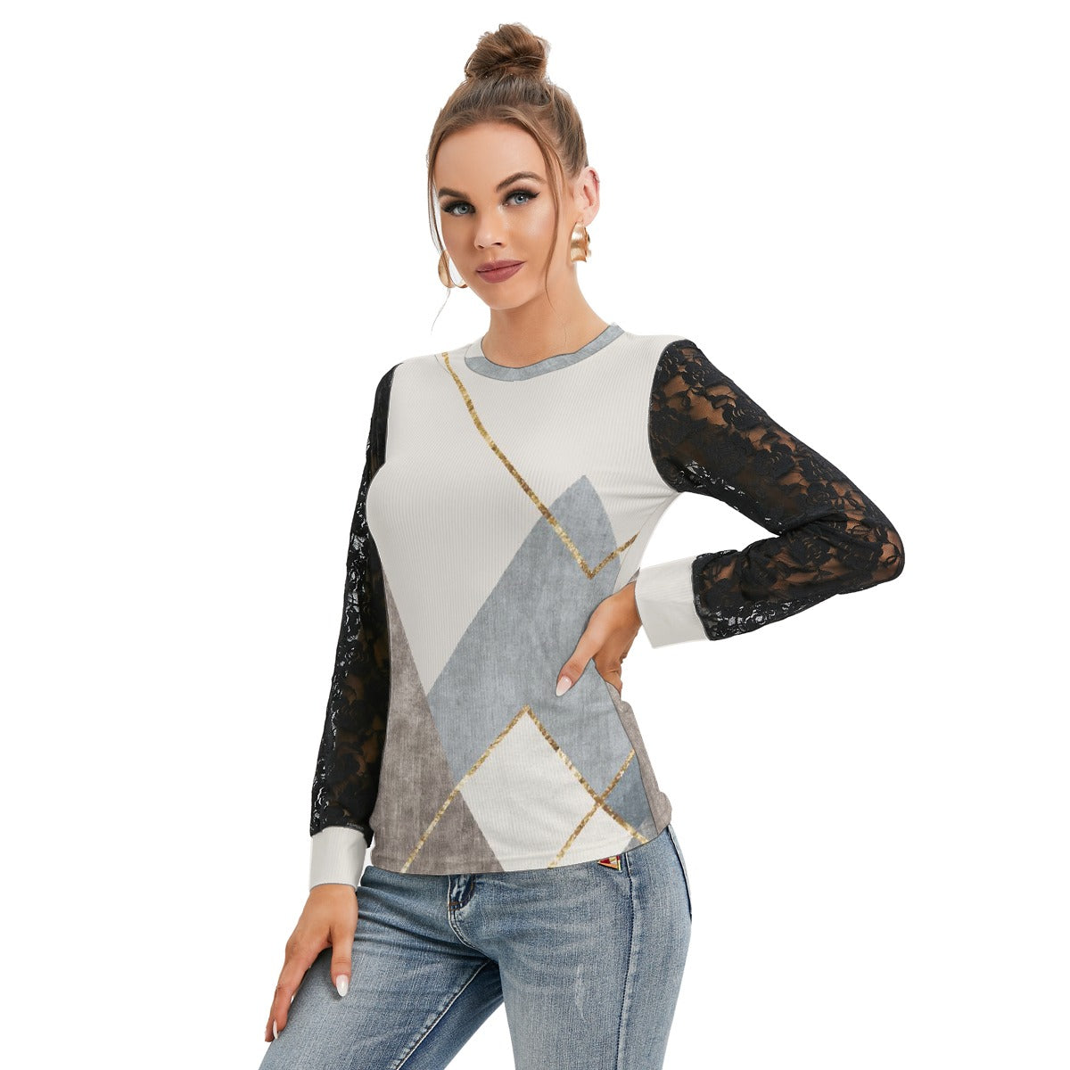 All-Over Print Women's T-shirt And Sleeve With Black Lace