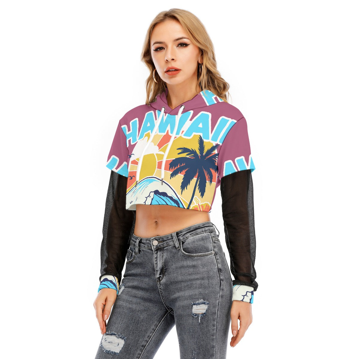 All-Over Print Women's Fake Two-piece Mesh Sleeve Cropped Hoodie
