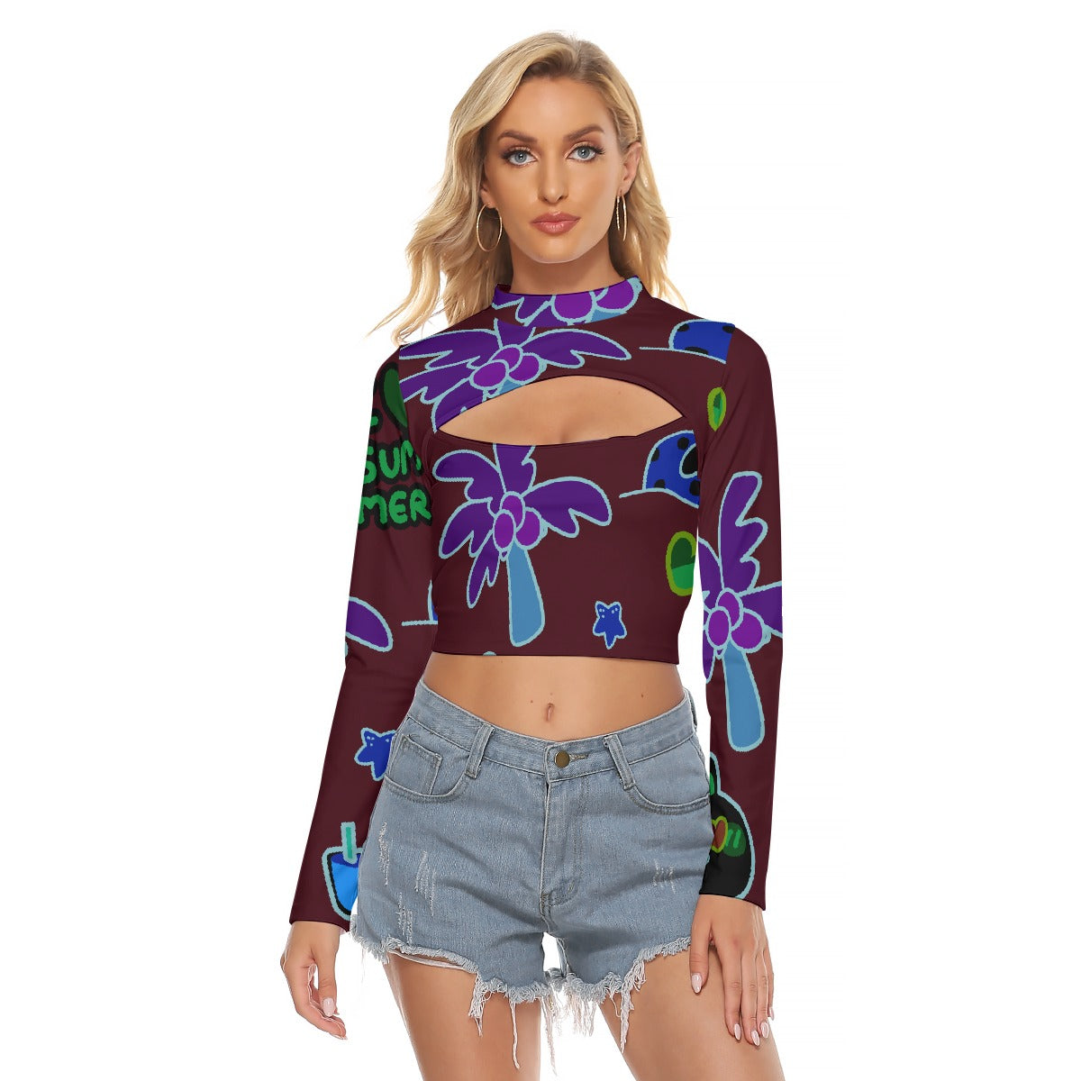 All-Over Print Women's Hollow Chest Keyhole Tight Crop Top