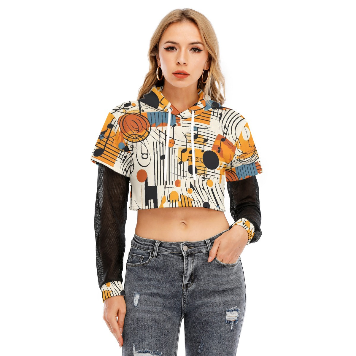All-Over Print Women's Fake Two-piece Mesh Sleeve Cropped Hoodie
