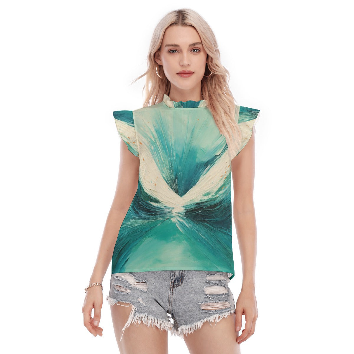 All-Over Print Women's Blouse With Ruffle Collar And Sleeve