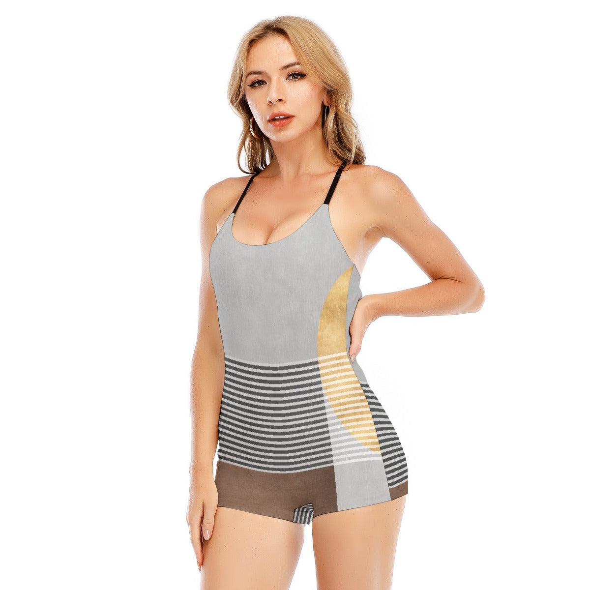 All-Over Print Women's Backless Romper With Black Straps