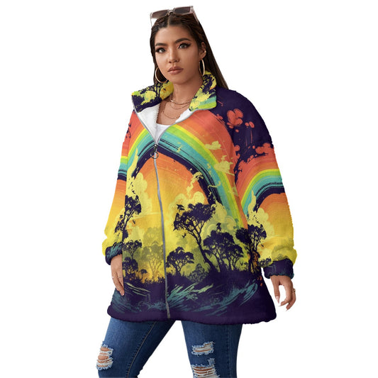 All-Over Print Unisex Borg Fleece Stand-up Collar Coat With Zipper Closure(Plus Size)