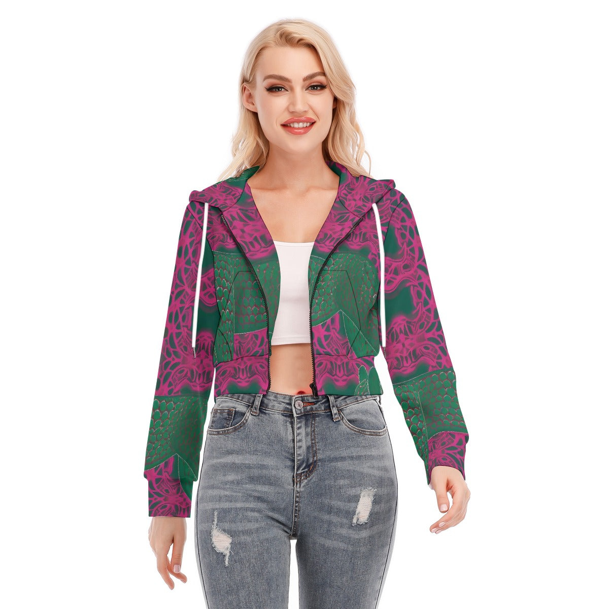 All-Over Print Women's Crop Top Hoodie With Zipper Closure