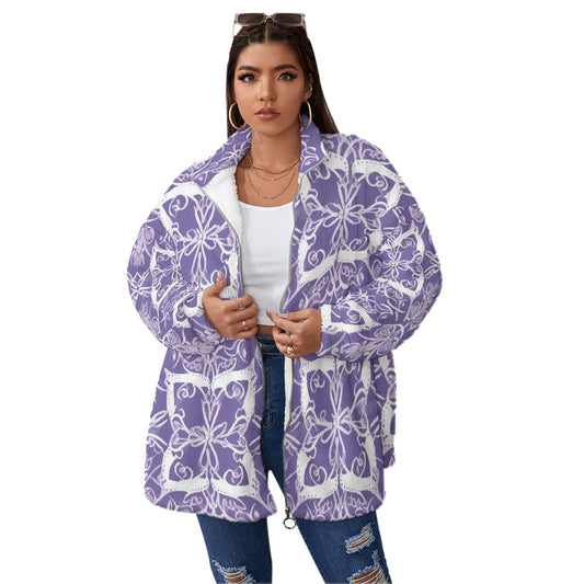 All-Over Print Unisex Borg Fleece Stand-up Collar Coat With Zipper Closure(Plus Size)