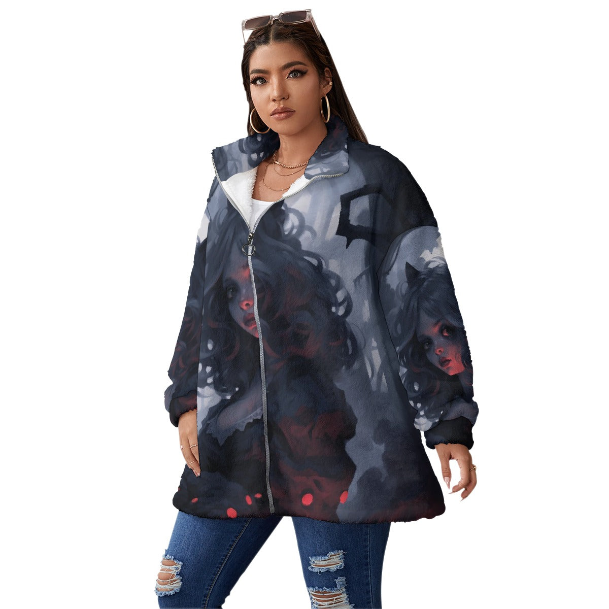 All-Over Print Unisex Borg Fleece Stand-up Collar Coat With Zipper Closure(Plus Size)