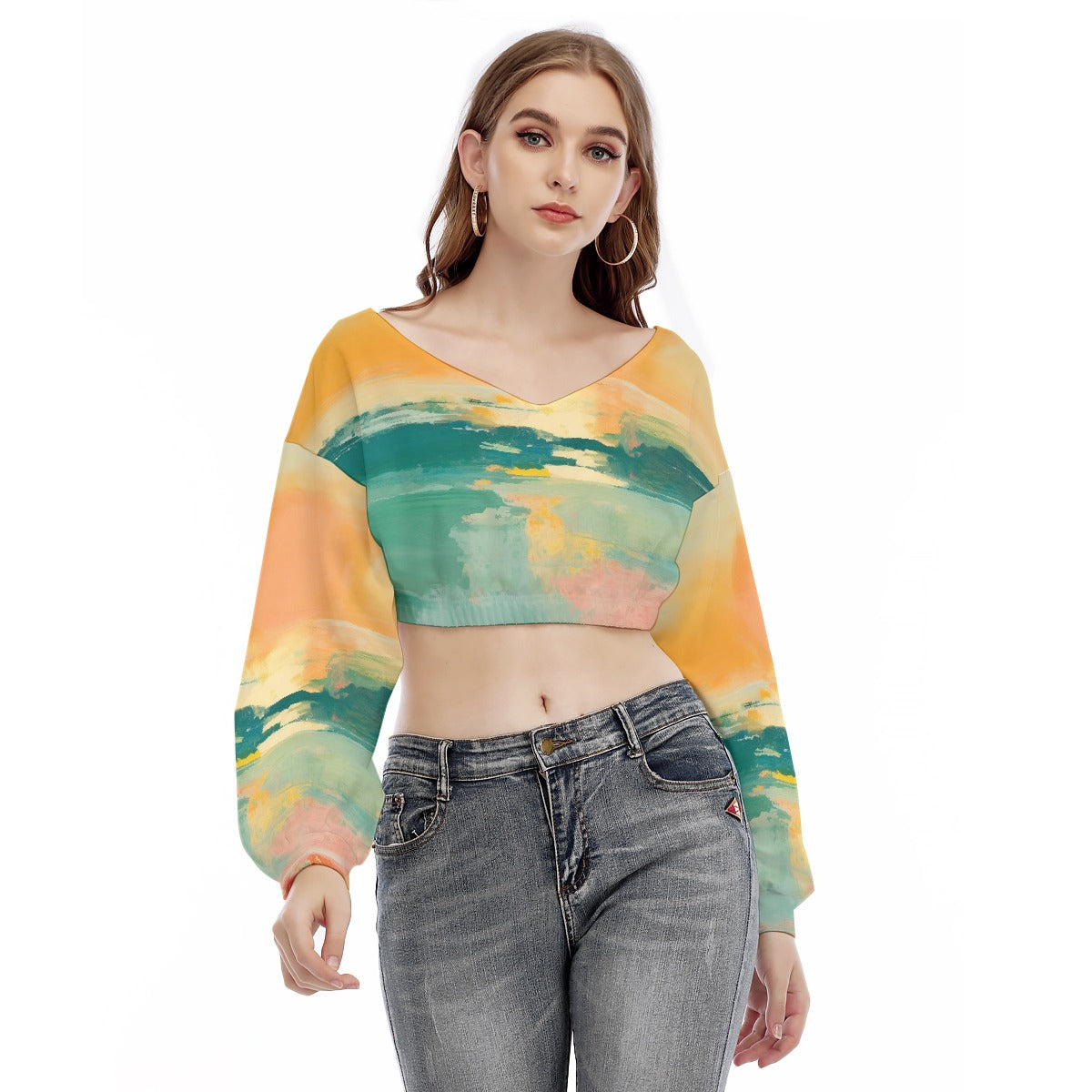 All-Over Print Women's V-neck Long Sleeve Cropped Sweatshirt