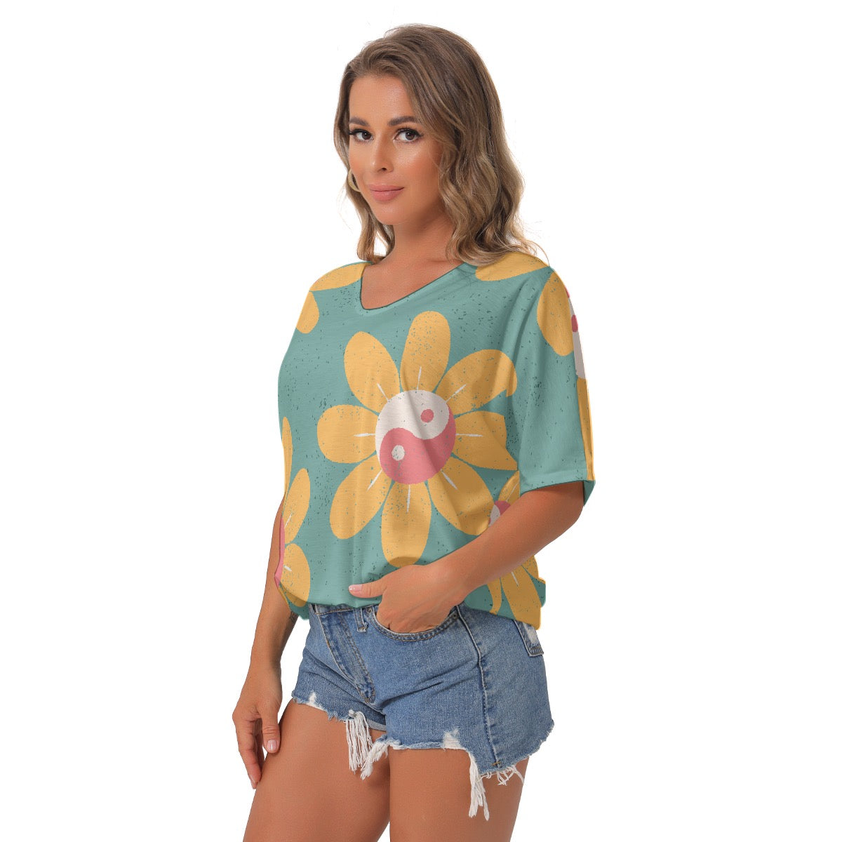 All-Over Print Women's Bat Sleeves V-Neck Blouse