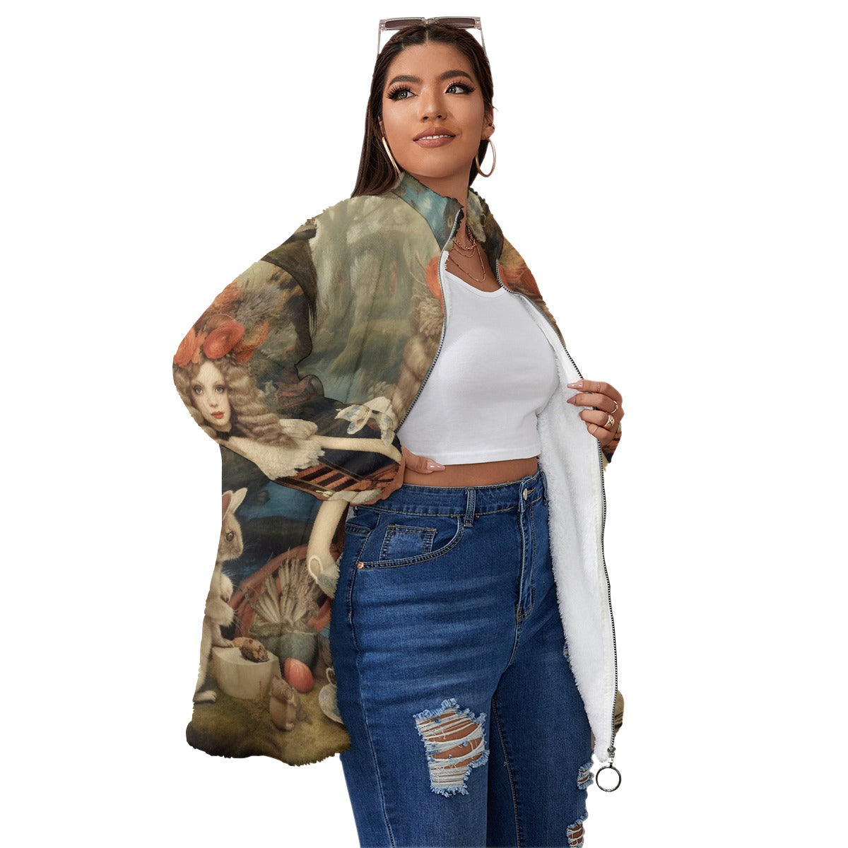 All-Over Print Unisex Borg Fleece Stand-up Collar Coat With Zipper Closure(Plus Size)