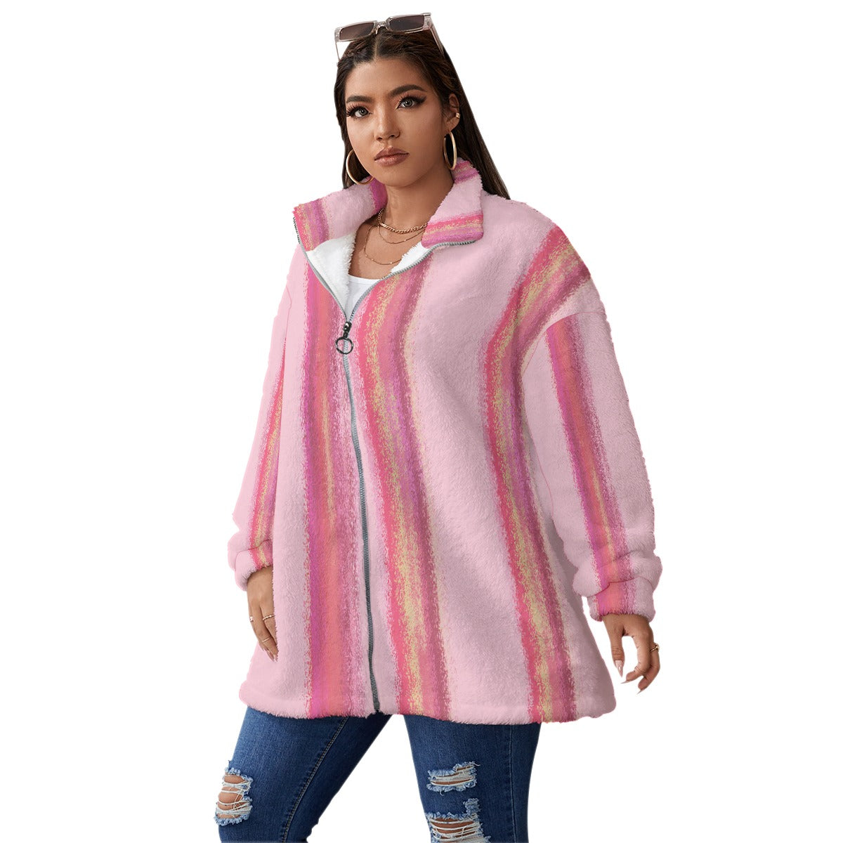 All-Over Print Unisex Borg Fleece Stand-up Collar Coat With Zipper Closure(Plus Size)