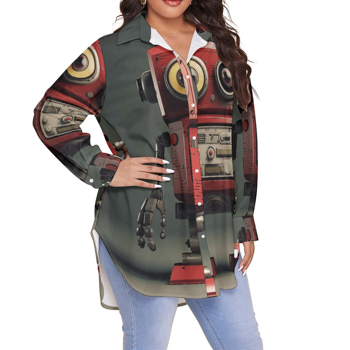 All-Over Print Women's Shirt With Long Sleeve(Plus Size)
