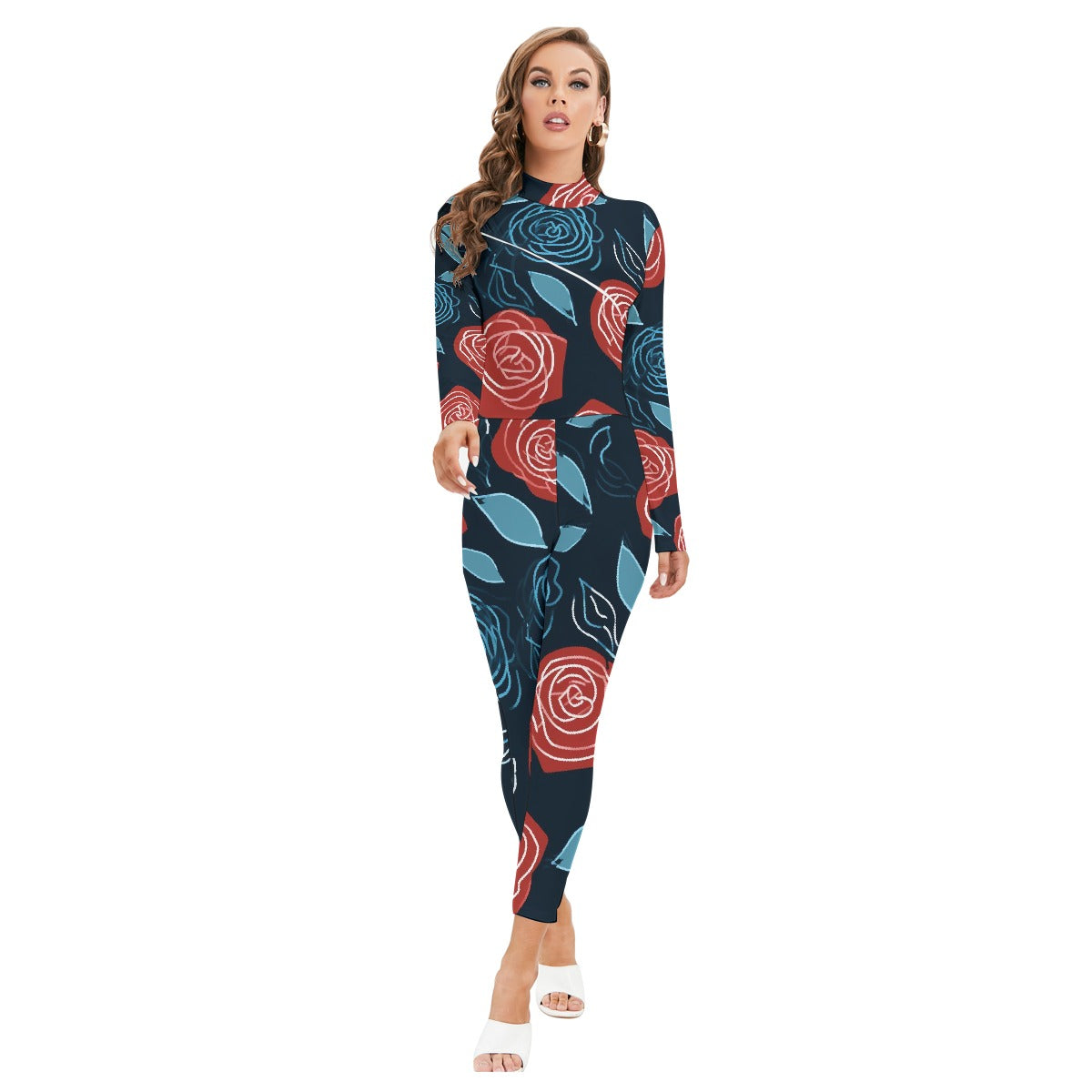 All-Over Print Women's Long-sleeved High-neck Jumpsuit With Zipper