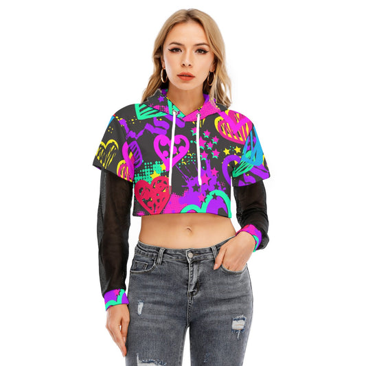 All-Over Print Women's Fake Two-piece Mesh Sleeve Cropped Hoodie