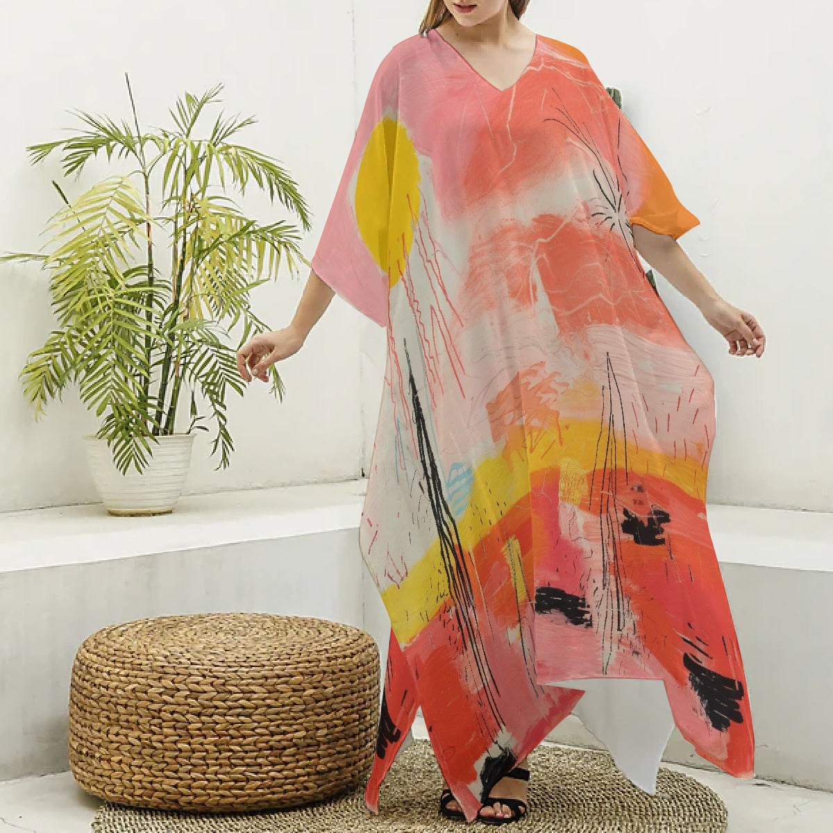All-Over Print Women's Imitation Silk V-neck Kaftan Robe