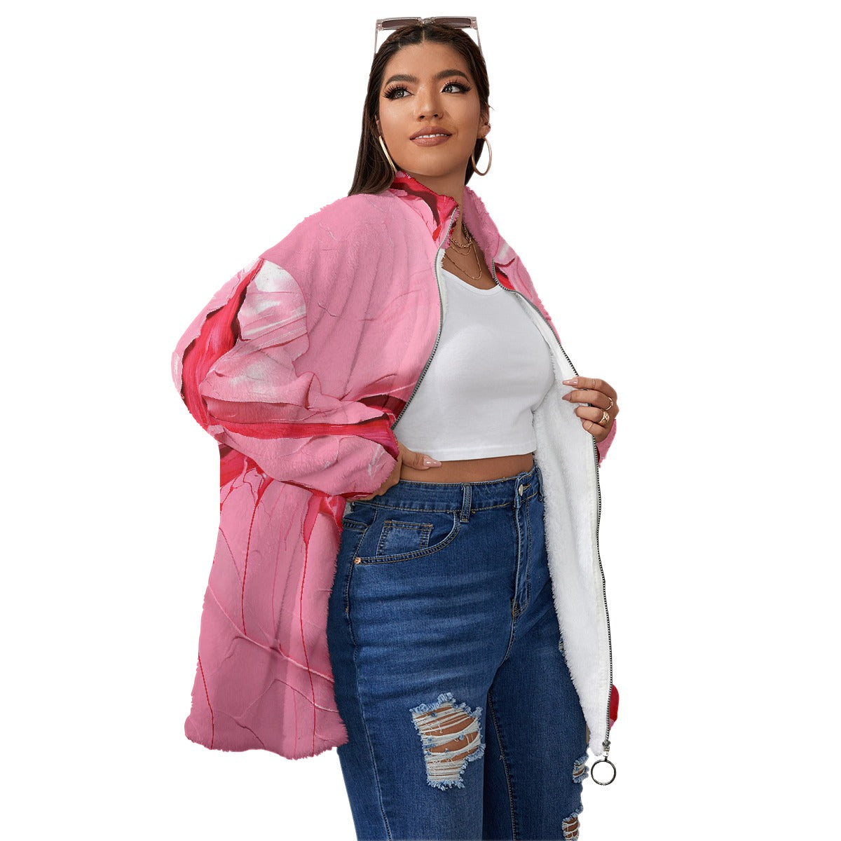 All-Over Print Unisex Borg Fleece Stand-up Collar Coat With Zipper Closure(Plus Size)