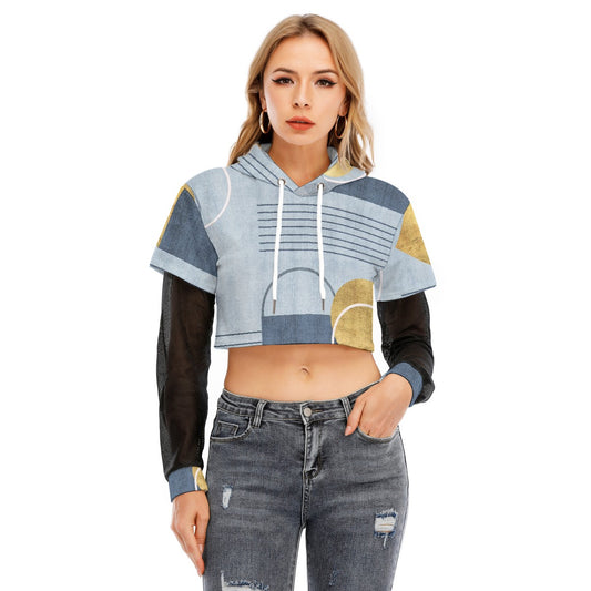 All-Over Print Women's Fake Two-piece Mesh Sleeve Cropped Hoodie