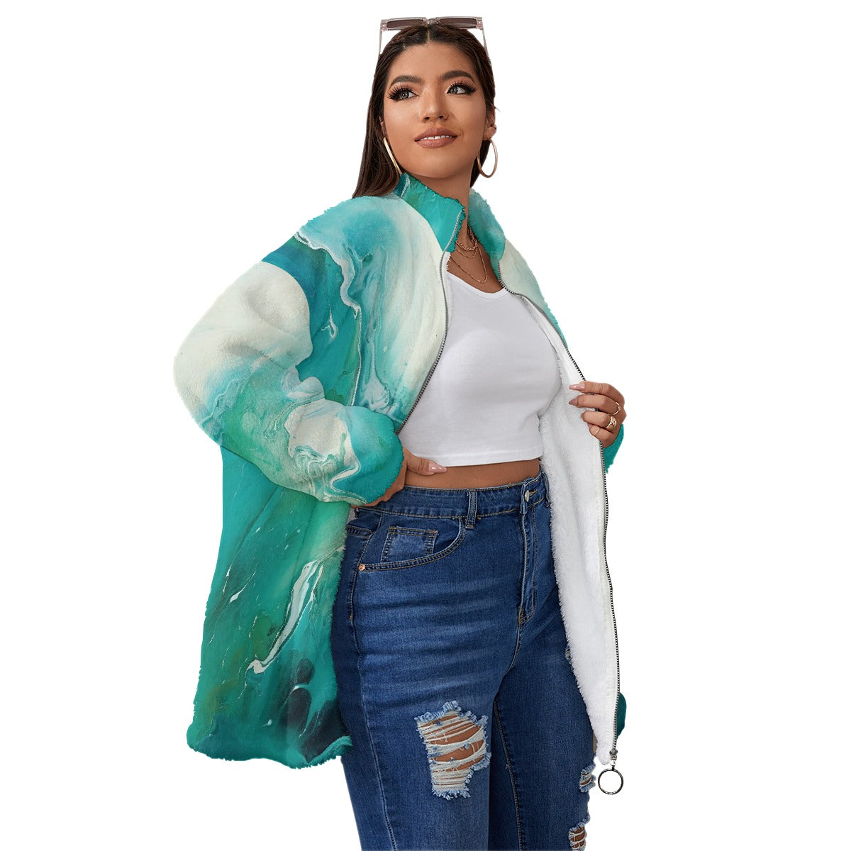 All-Over Print Unisex Borg Fleece Stand-up Collar Coat With Zipper Closure(Plus Size)