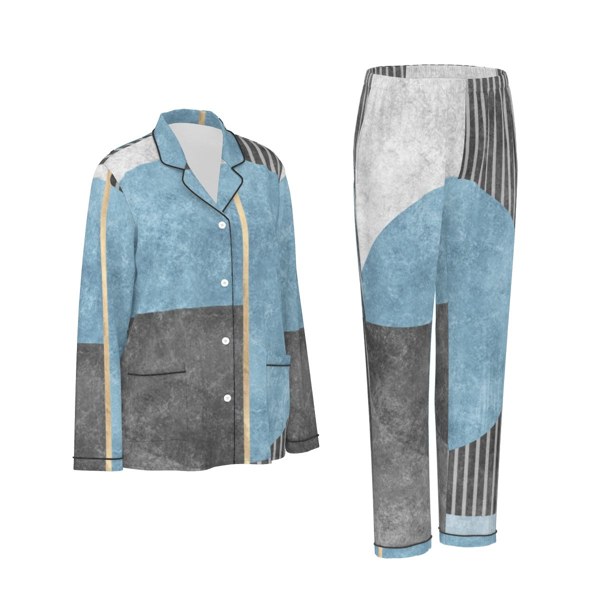 All-Over Print Women's Long Sleeve Pajama Set With Black Contrast Piping