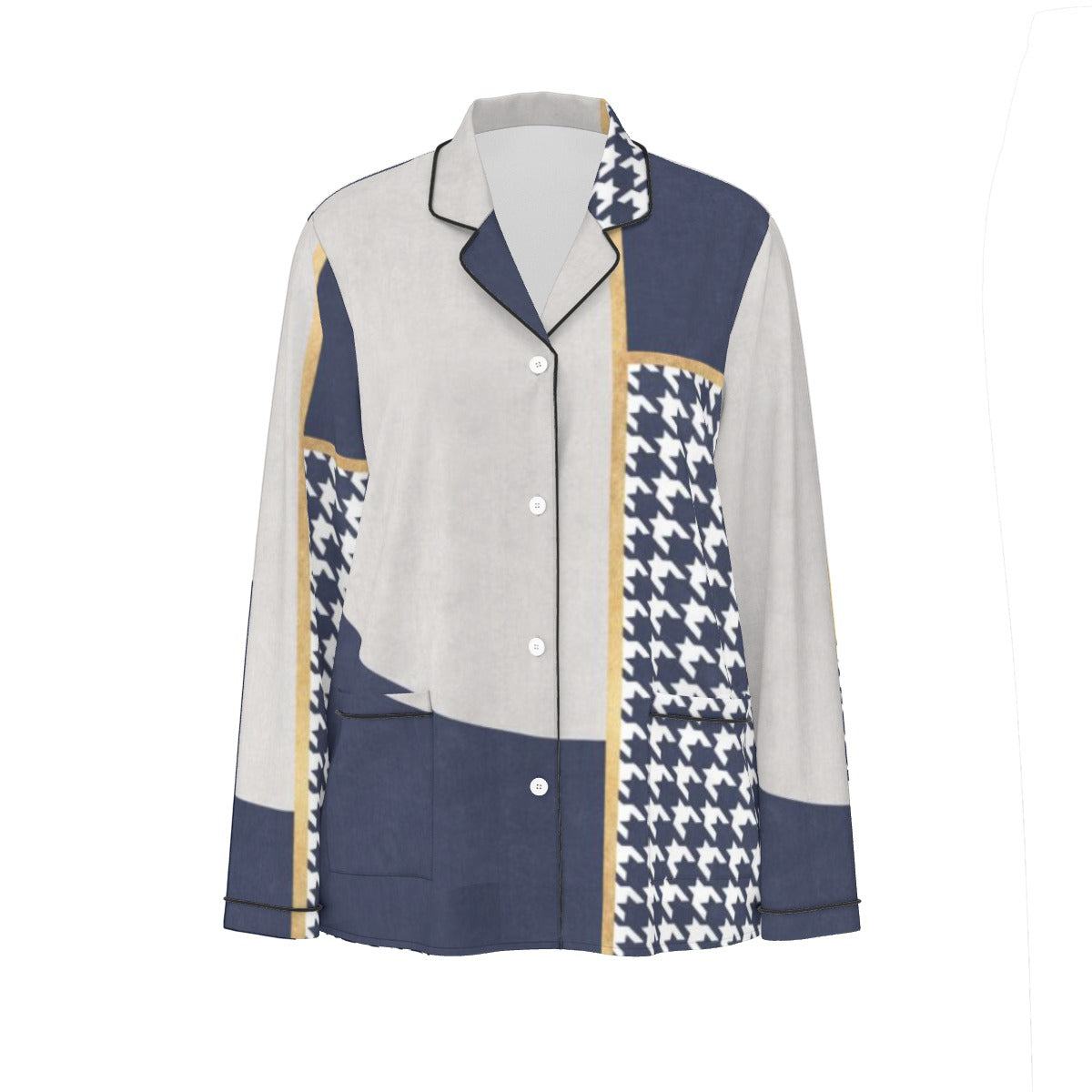 All-Over Print Women's Long Sleeve Pajama Set With Black Contrast Piping