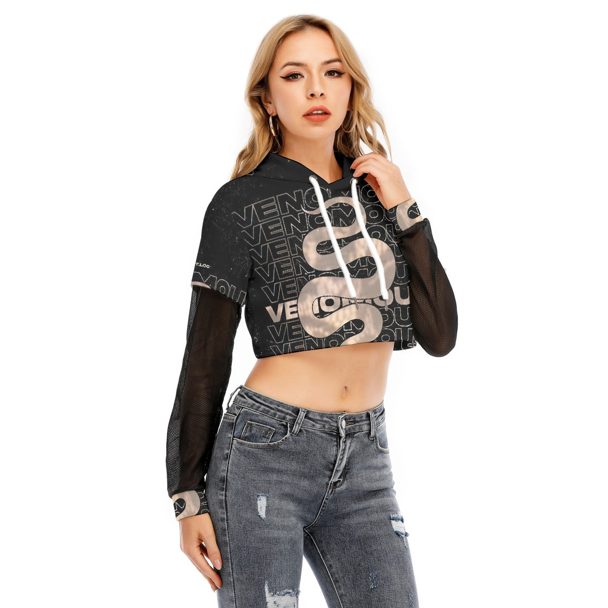 All-Over Print Women's Fake Two-piece Mesh Sleeve Cropped Hoodie