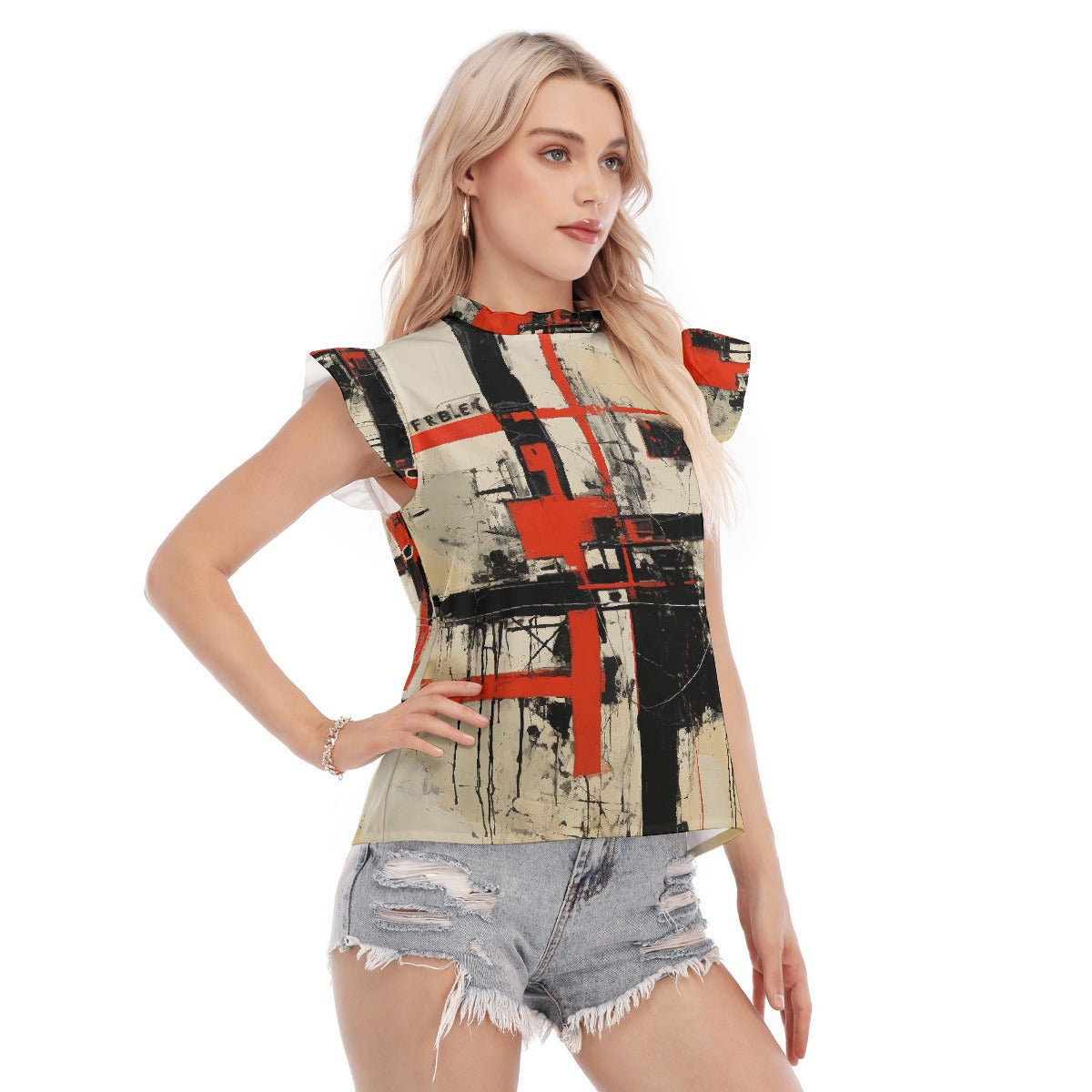 All-Over Print Women's Blouse With Ruffle Collar And Sleeve