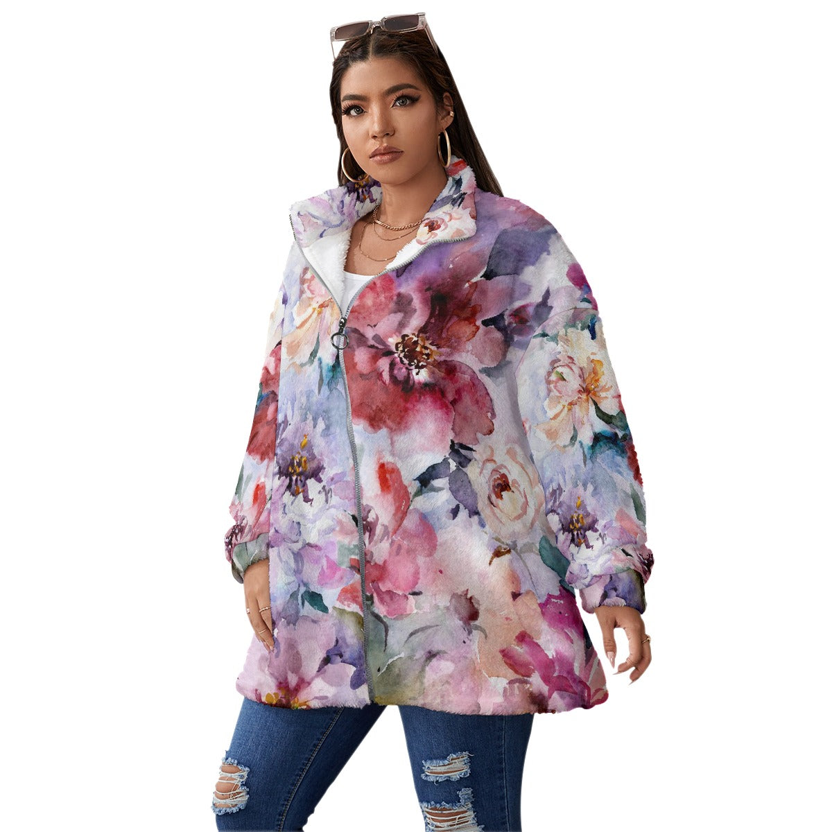 All-Over Print Unisex Borg Fleece Stand-up Collar Coat With Zipper Closure(Plus Size)