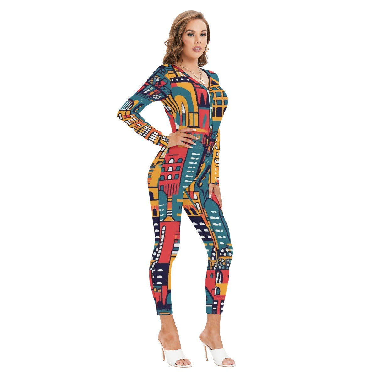 All-Over Print Women's Plunging Neck Jumpsuit