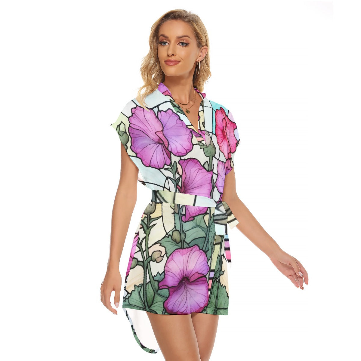All-Over Print Women's Stand-up Collar Casual Dress With Belt
