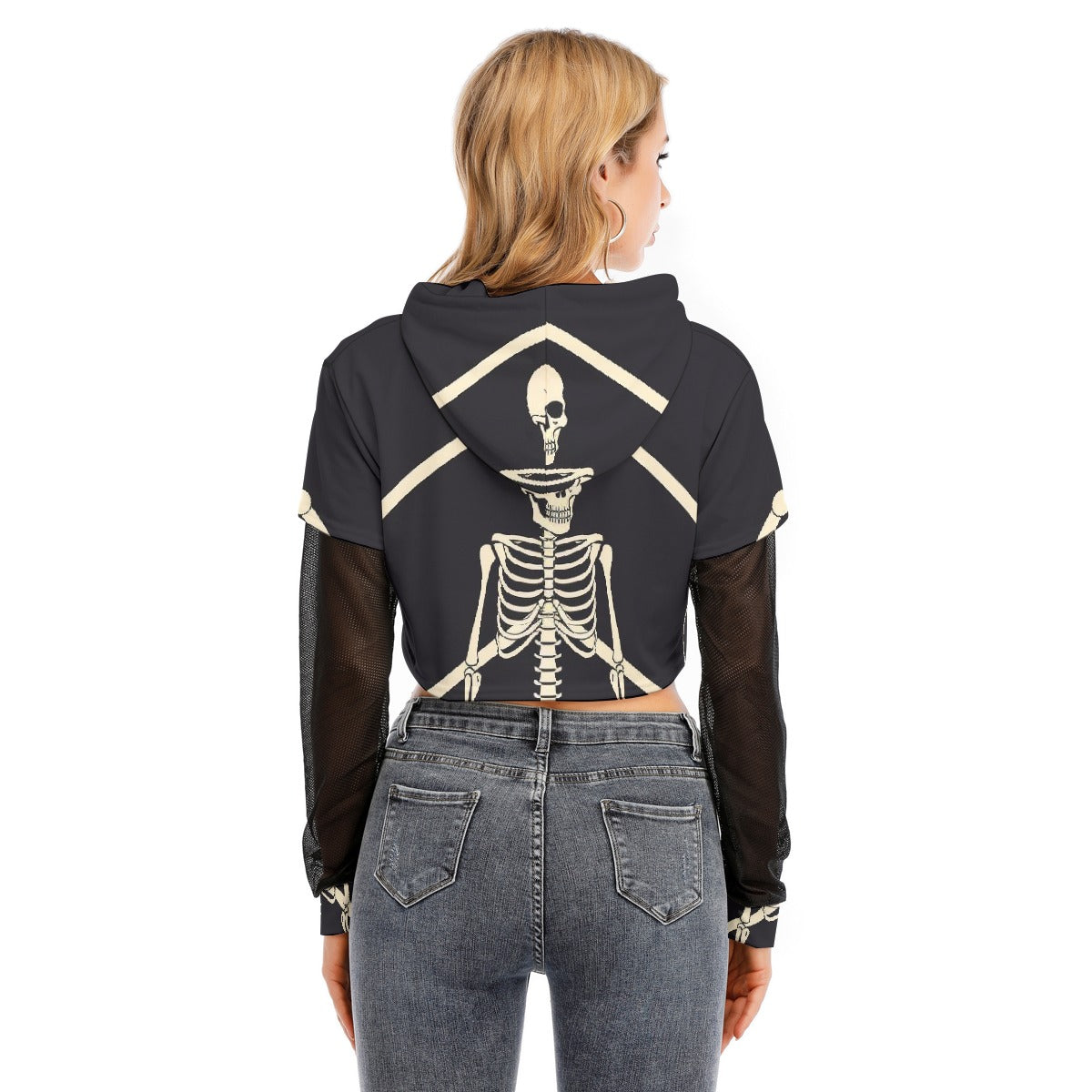 All-Over Print Women's Fake Two-piece Mesh Sleeve Cropped Hoodie