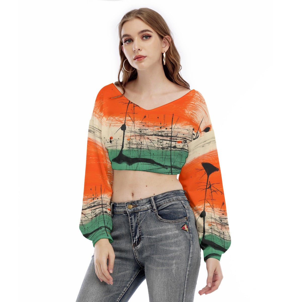 All-Over Print Women's V-neck Long Sleeve Cropped Sweatshirt