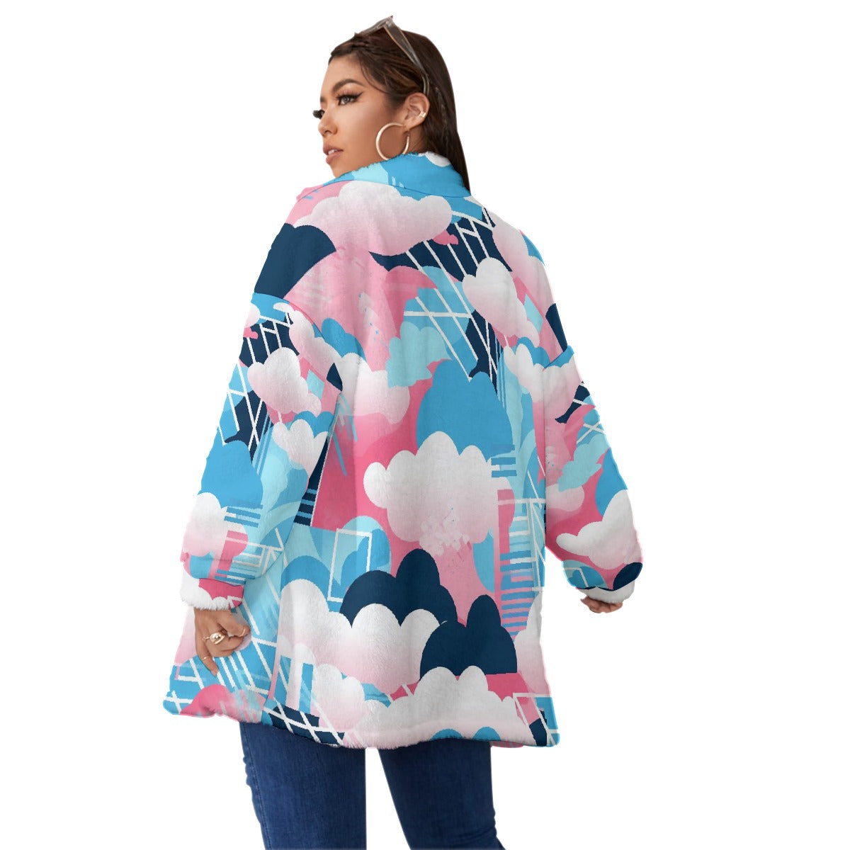 All-Over Print Unisex Borg Fleece Stand-up Collar Coat With Zipper Closure(Plus Size)