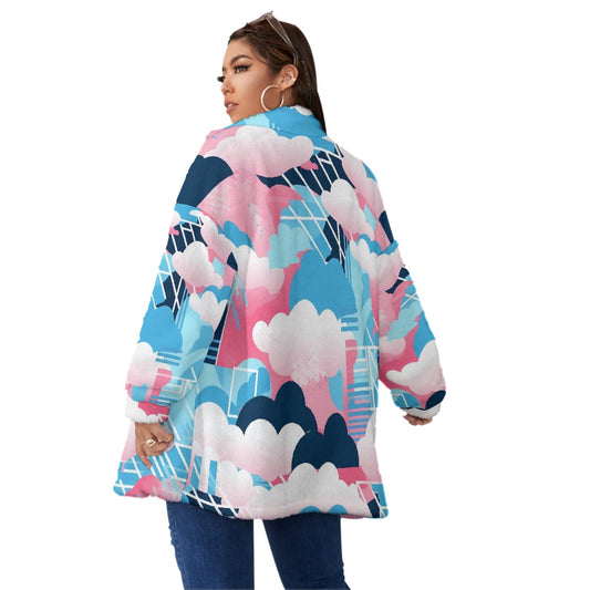 All-Over Print Unisex Borg Fleece Stand-up Collar Coat With Zipper Closure(Plus Size)
