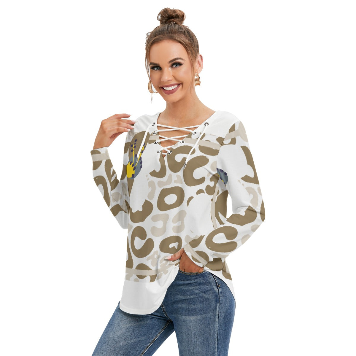 All-Over Print Women's Long Sleeve Neckline Tie Sweatshirt