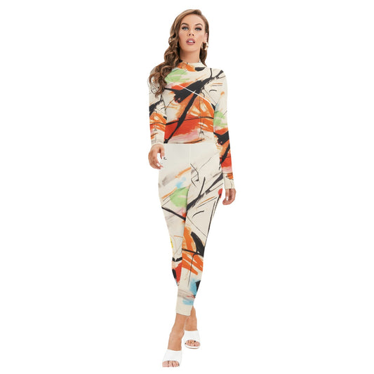 All-Over Print Women's Long-sleeved High-neck Jumpsuit With Zipper