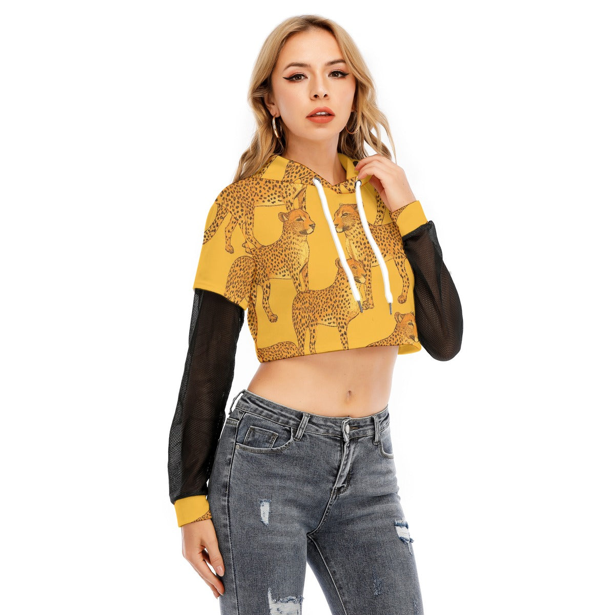 All-Over Print Women's Fake Two-piece Mesh Sleeve Cropped Hoodie