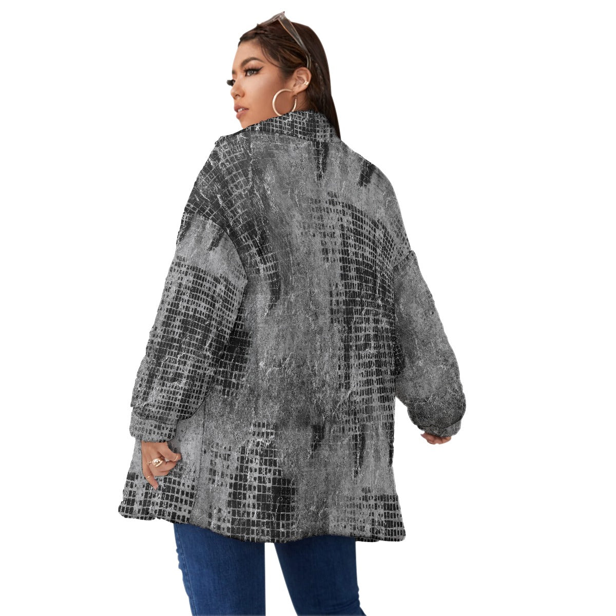 All-Over Print Unisex Borg Fleece Stand-up Collar Coat With Zipper Closure(Plus Size)