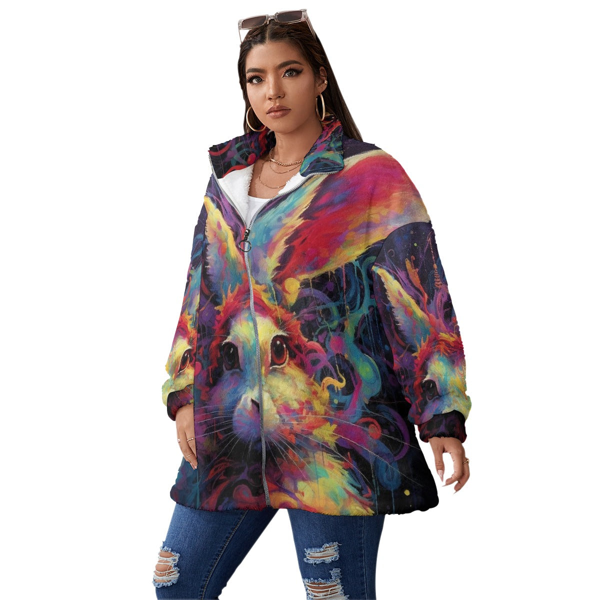 All-Over Print Unisex Borg Fleece Stand-up Collar Coat With Zipper Closure(Plus Size)