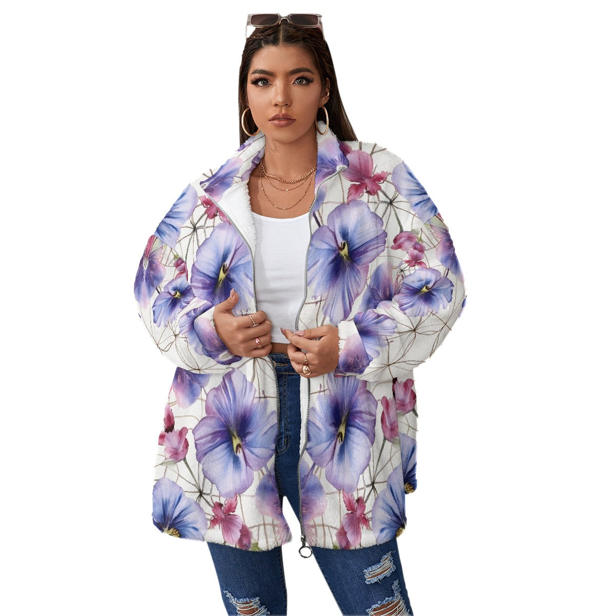 All-Over Print Unisex Borg Fleece Stand-up Collar Coat With Zipper Closure(Plus Size)