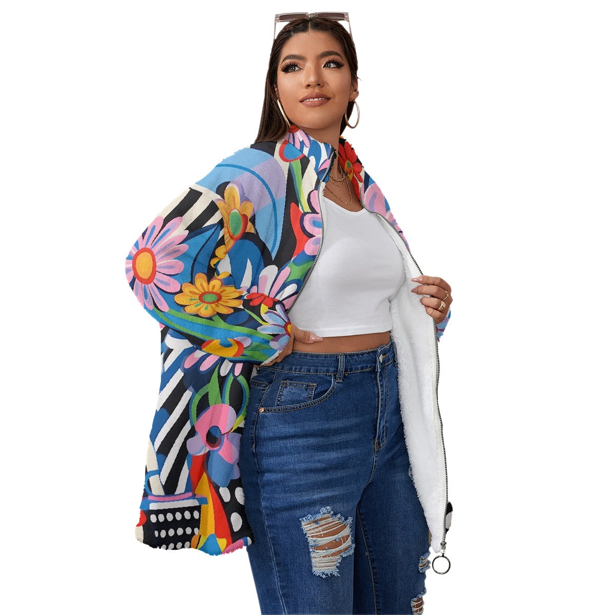 All-Over Print Unisex Borg Fleece Stand-up Collar Coat With Zipper Closure(Plus Size)