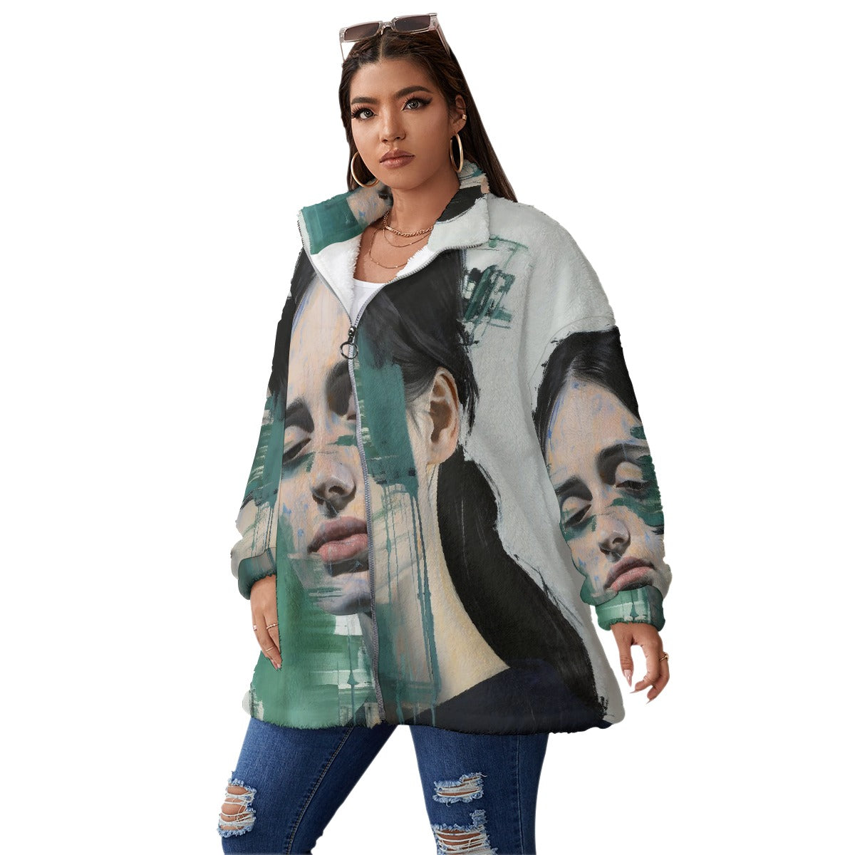 All-Over Print Unisex Borg Fleece Stand-up Collar Coat With Zipper Closure(Plus Size)